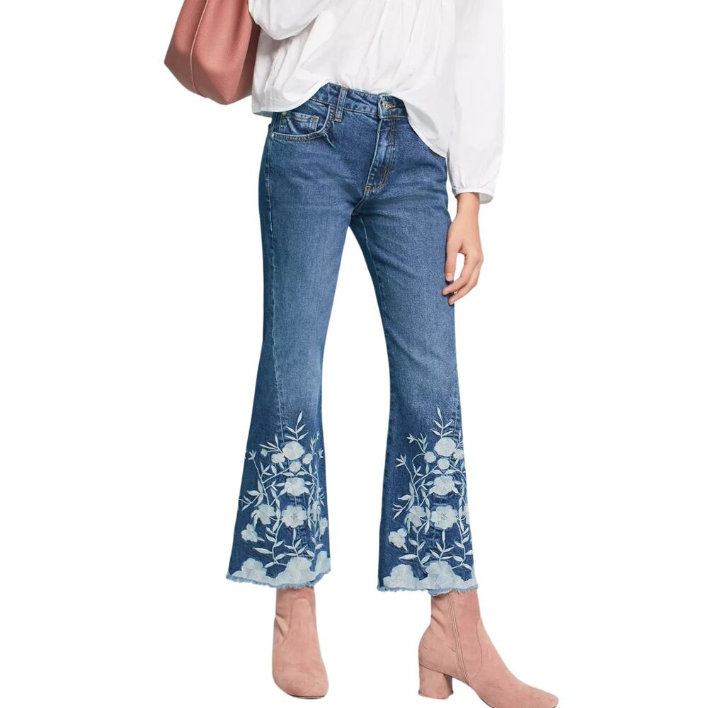 Pilcro Anthro High Rise Cropped Flare Jeans Women’s 26 Floral Embroidered Boho